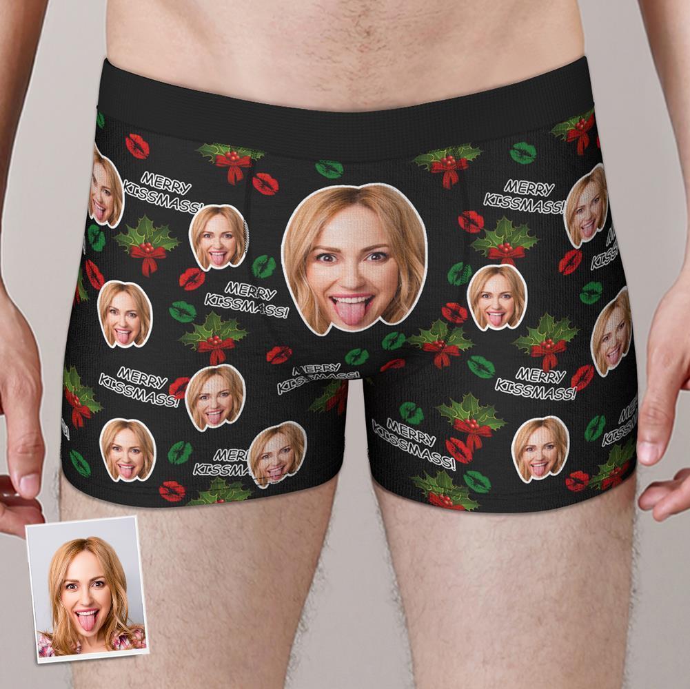 Custom Face Boxers Shorts Personalised Photo Underwear MERRY KISSMASS Christmas Gift for Men