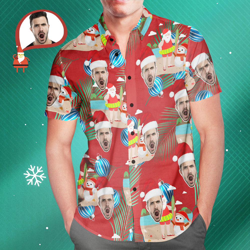 Custom Face Merry Christmas Santa Claus Men's All Over Print Hawaiian Shirt Christmas Gift - MyFaceUnderwearAU