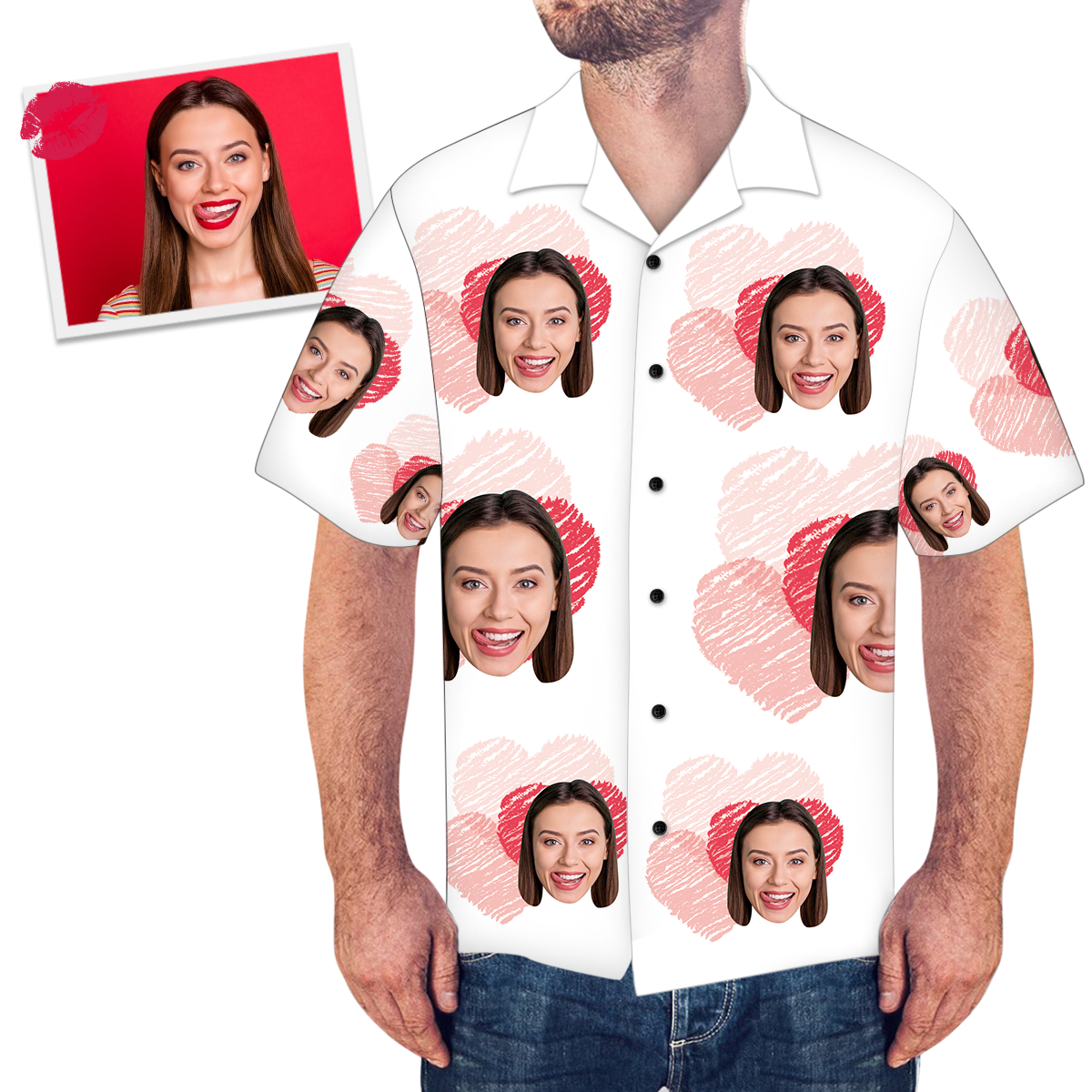 Custom Face Love Heart Men's All Over Print White Hawaiian Shirt