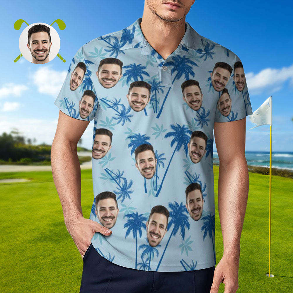 Men's Custom Face Polo Shirt Personalised Light Blue Hawaiian Golf Shi