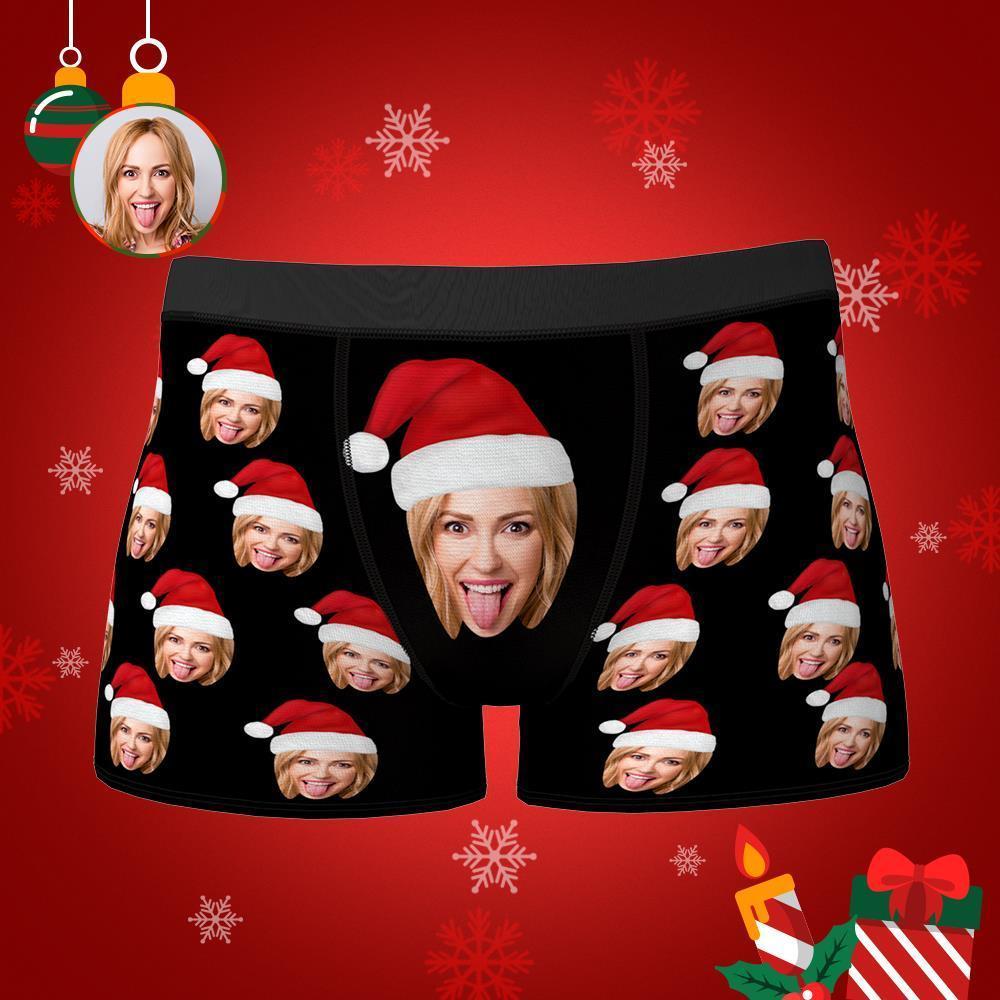 Custom Face Boxers Shorts with Christmas hat Personalised Photo Underw