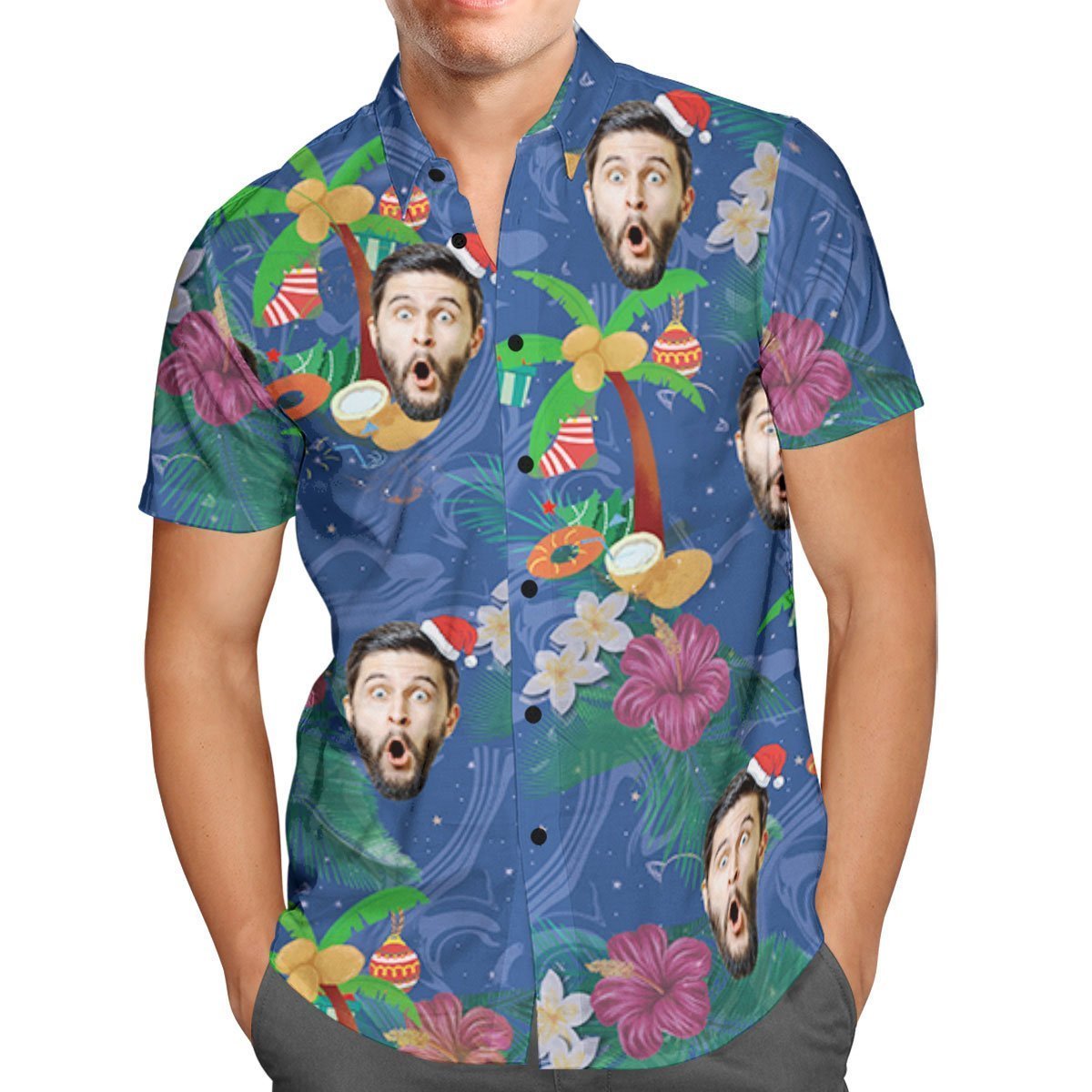 Custom Face Personalised Christmas Hawaiian Shirt Coconut Tree