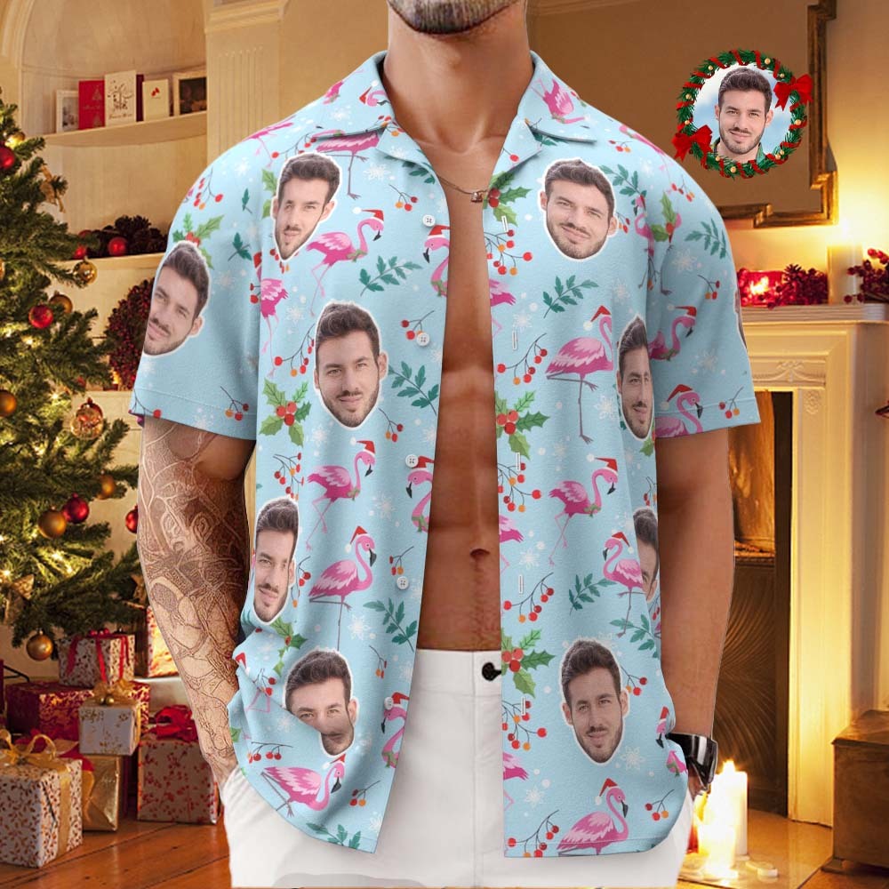 Custom Face All Over Print Men's Hawaiian Shirt Christmas Flamingo Seamless Pattern Hawaiian Shirt - MyFaceUnderwearAU
