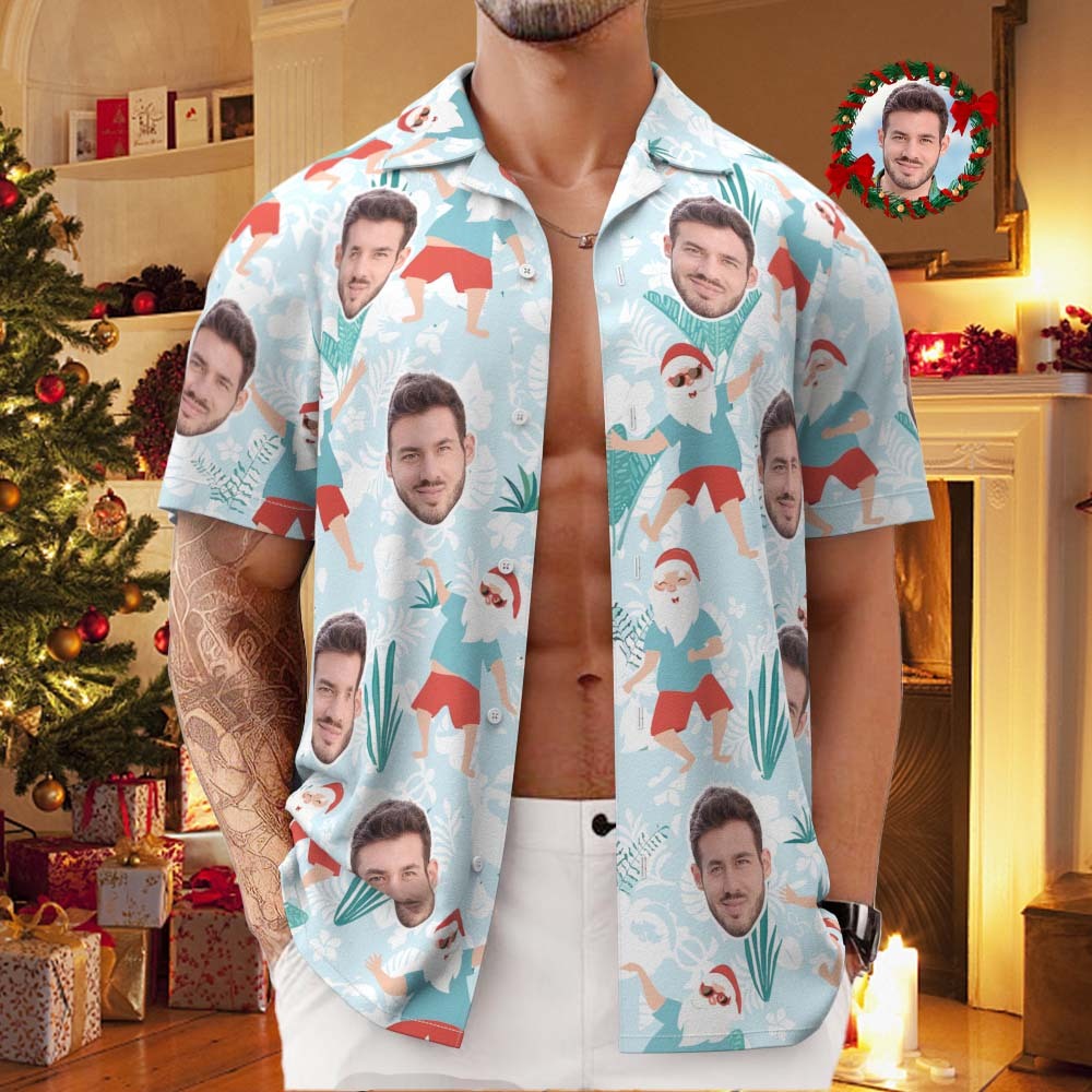 Custom Face All Over Print Men's Hawaiian Shirt Cheerful Dancing Santa Christmas Hawaiian Shirt - MyFaceUnderwearAU