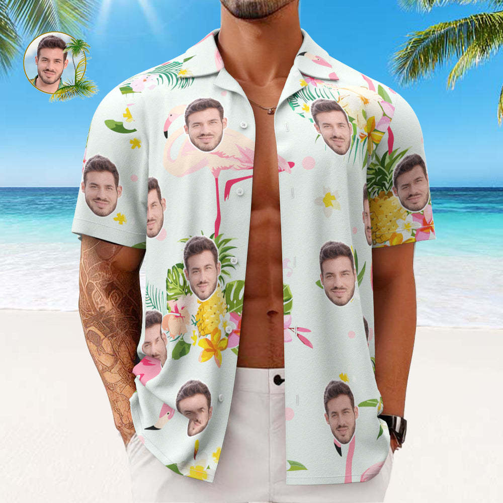 Custom Face Hawaiian Shirt Men's All Over Print Aloha Shirt Gift - Romantic Hawaiian and Flamingos