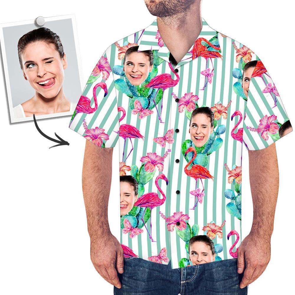 Men's Custom Face Shirt Hawaiian Shirt Short Sleeve Striped Flamingo