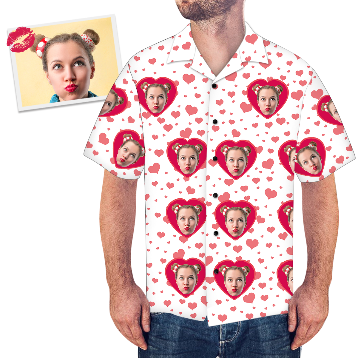 Custom Face Loving Couple Men's All Over Print Hawaiian Shirt