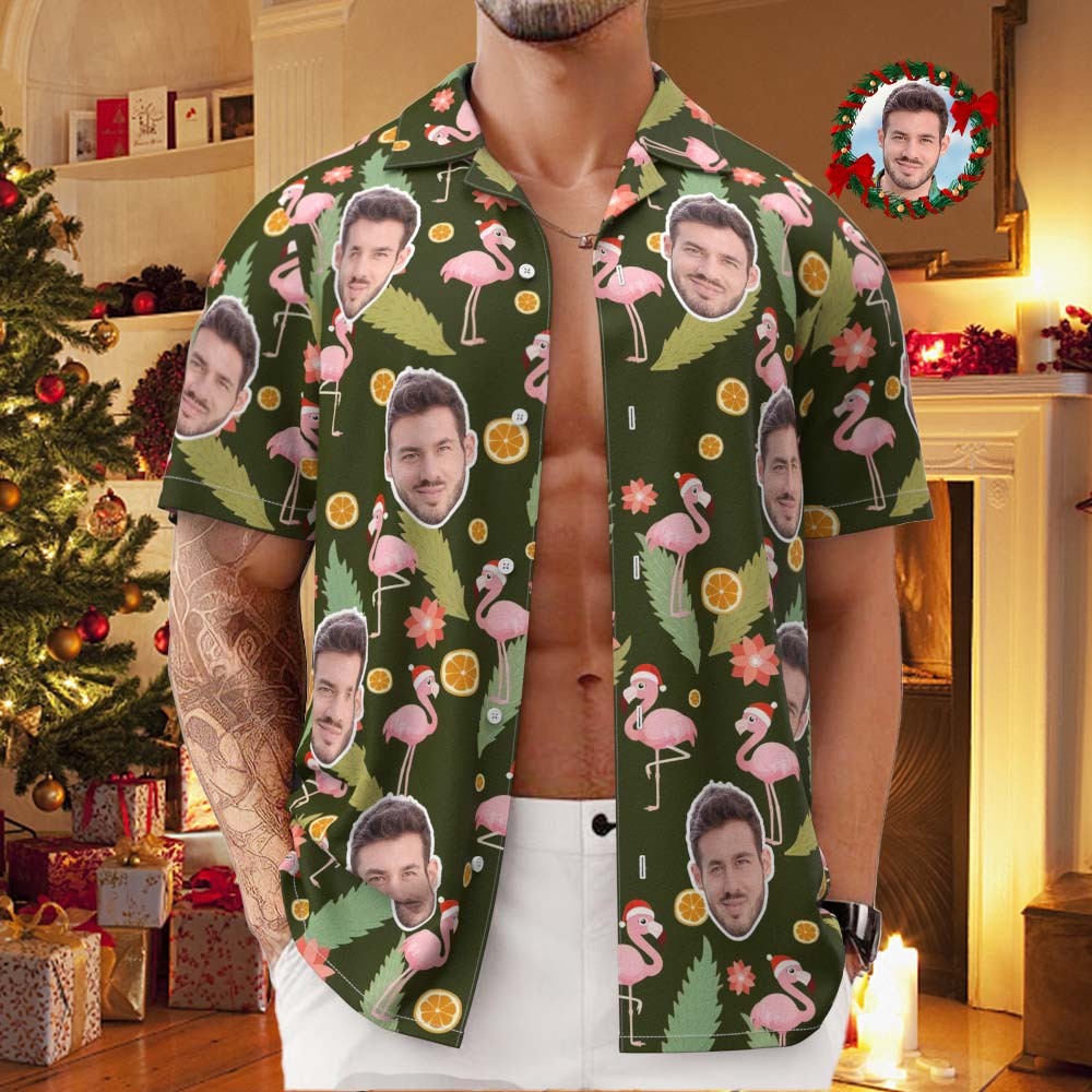 Custom Face All Over Print Men's Hawaiian Shirt Pink Flamingo Happy Christmas Hawaiian Shirt - MyFaceUnderwearAU