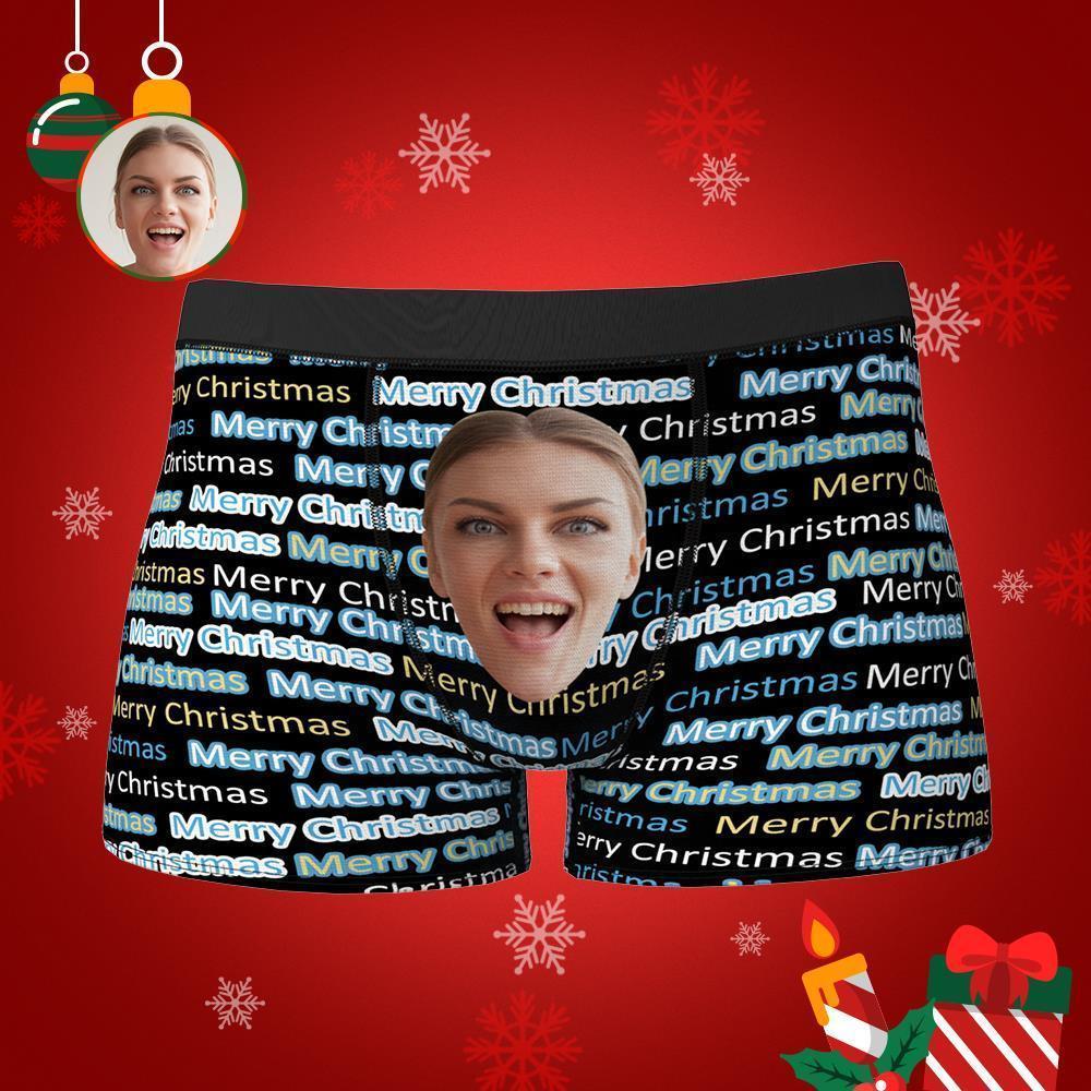 Custom Funny Face Boxers Shorts Merry Christmas Personalised Photo Und