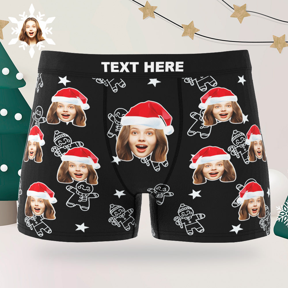 Custom Christmas Underwear with Face Personalised Boxers Printed with Biscuit Pattern & Hats Gift for Boyfriend