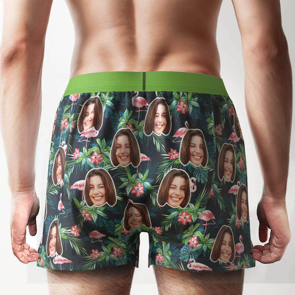 Custom Face Colorful Flamingo Boxer Shorts Personalized Waistband Casual Underwear for Him - MyFaceUnderwearAU