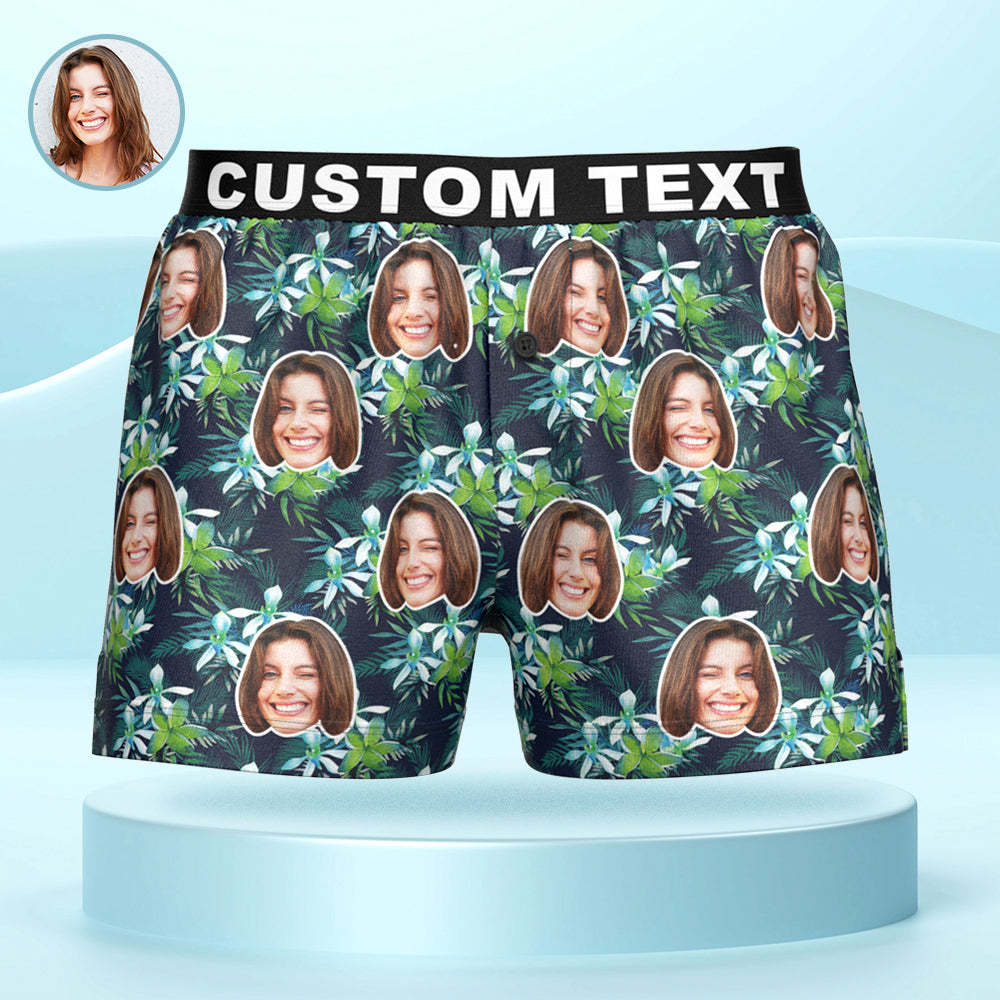 Custom Face Flowers and Leaves Design Boxer Shorts Personalized Waistband Casual Underwear for Him - MyFaceUnderwearAU