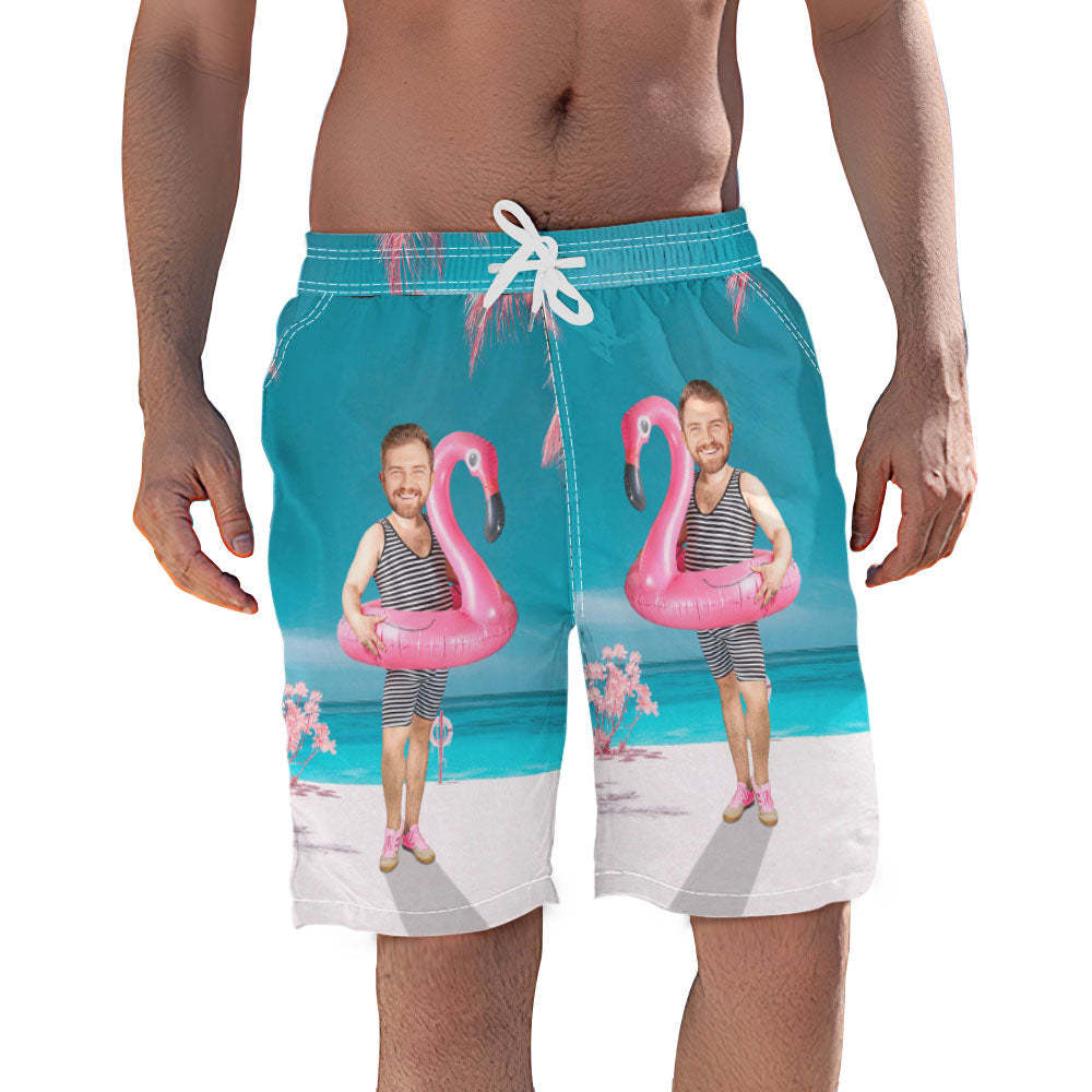 Custom Funny Face Flamingo Beach Shorts Flamingo Swim Ring Swim Trunks For Men - MyFaceSocksAu