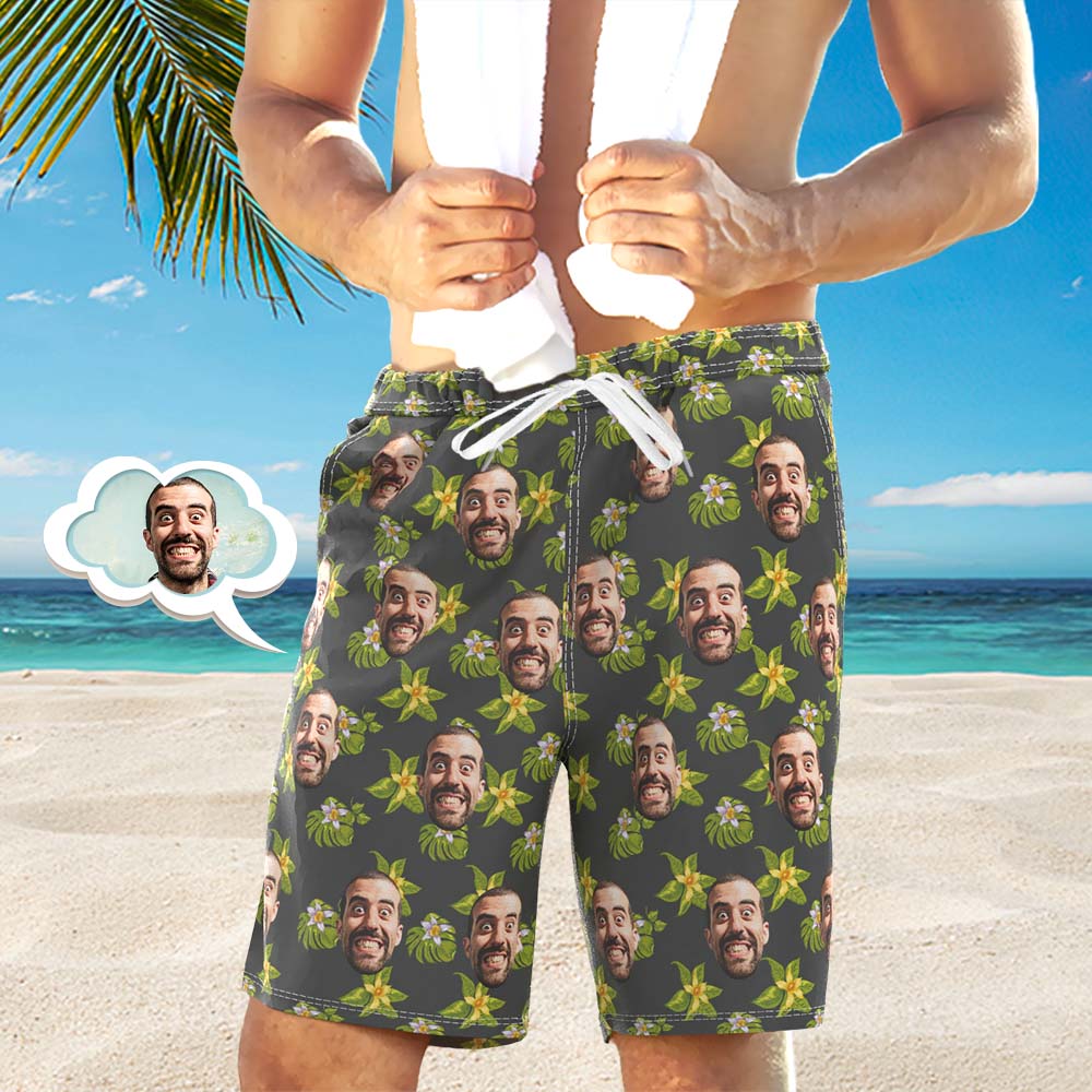 Men's Custom Face Beach Trunks All Over Print Photo Shorts - Green And White Flower