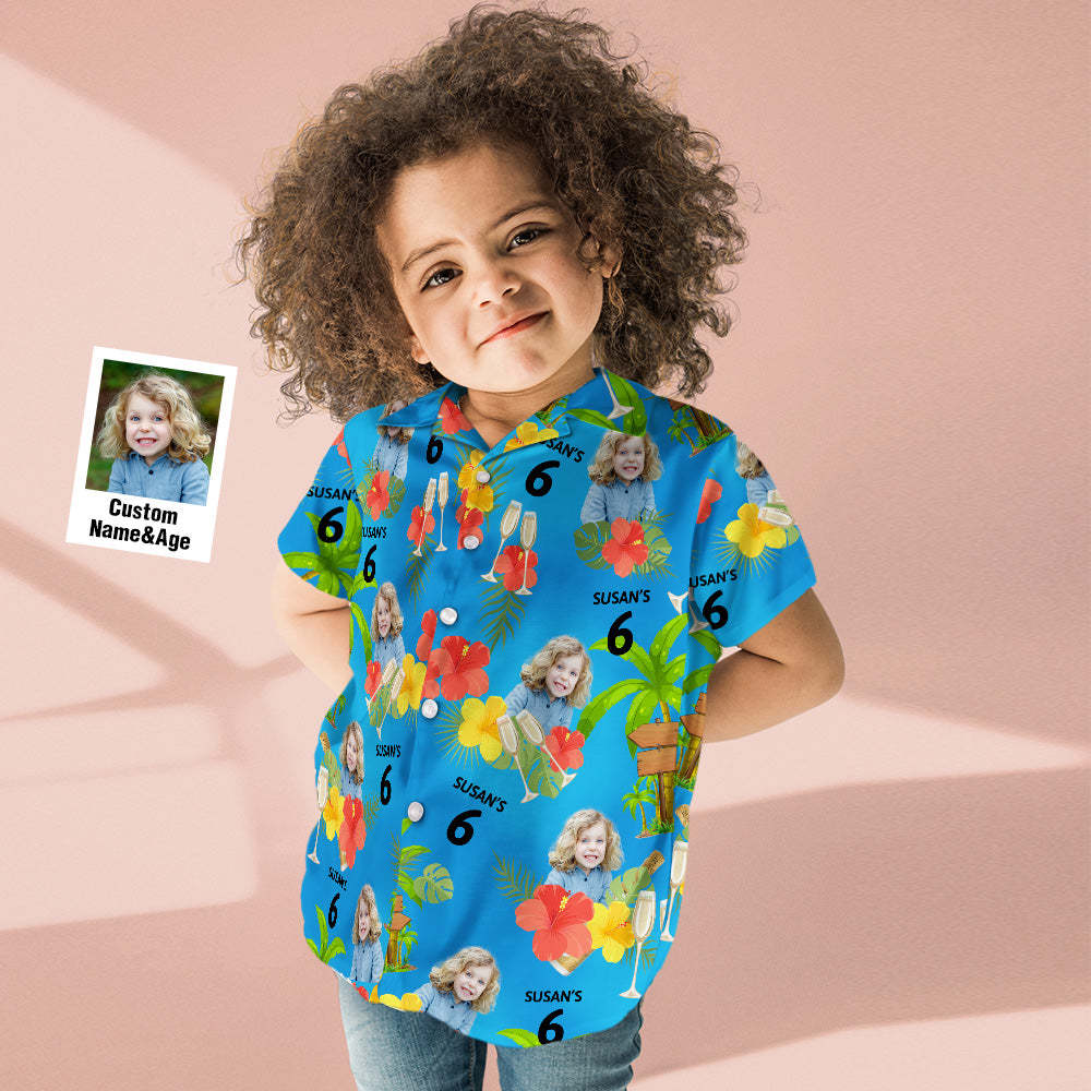 Custom Your Own Face Birthday Blue Kids Hawaiian Shirt Custom Age and Name Yellow and Red Flowers Shirt - MyFaceUnderwearAU