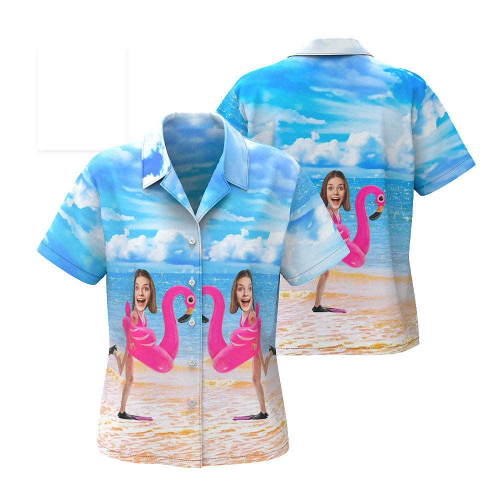 Custom Funny Face Flamingo Hawaiian Shirt Flamingo Swim Ring Hawaiian Shirt For Women - MyFaceUnderwearAU