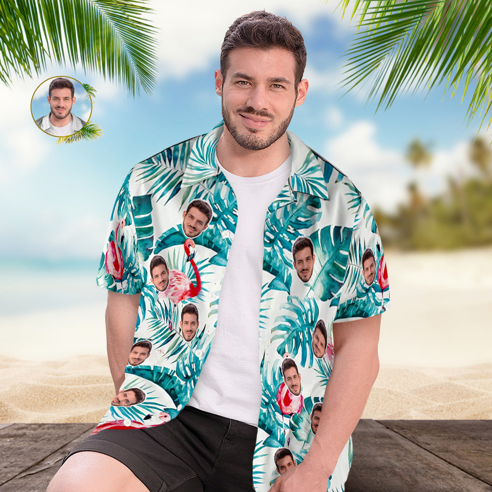 Custom Face Hawaiian Shirt Summer Flamingo Green Leaves Face Hawaiian Shirt - MyFaceUnderwearAU