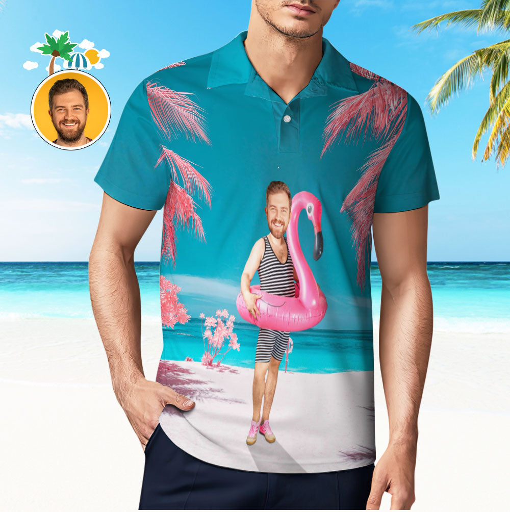 Custom Funny Face Flamingo Polo Shirt Flamingo Swim Ring Polo Shirt For Men
