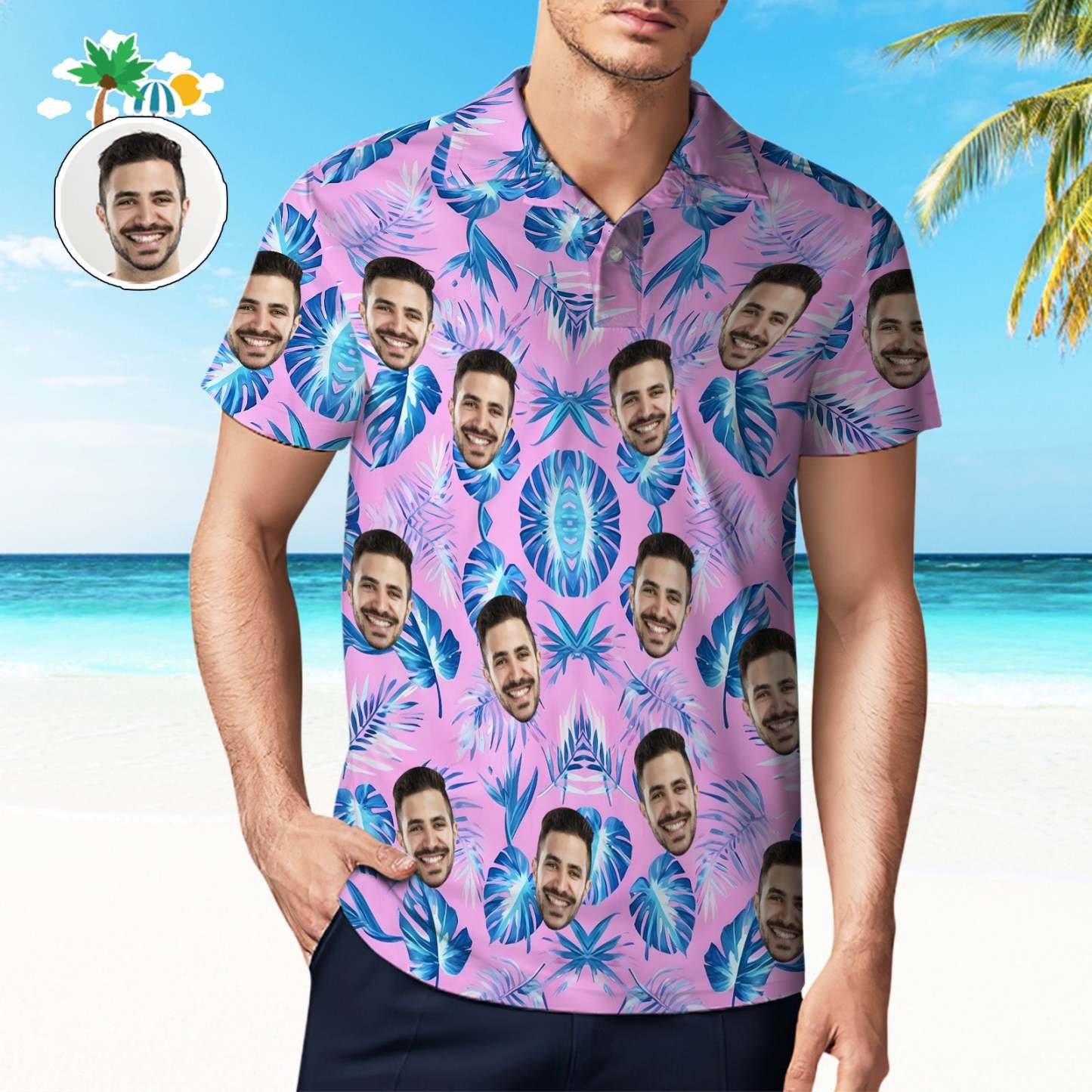 Custom Face Polo Shirt Pink Polo Shirt Blue Palm Leaf Polo Shirt Gift For Him - MyFaceUnderwearAU