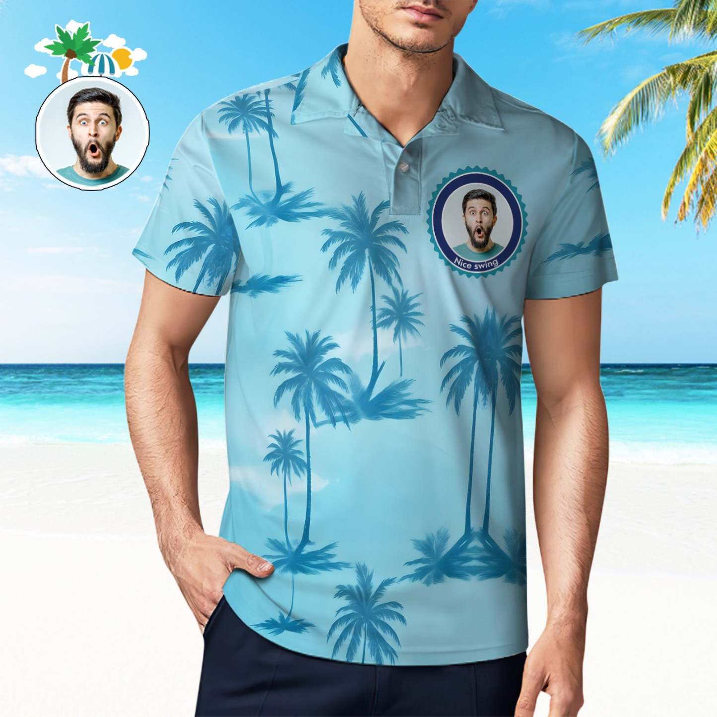 Custom Face Polo Shirt Personalized Blue Coconut Tree Polo Shirt - MyFaceUnderwearAU