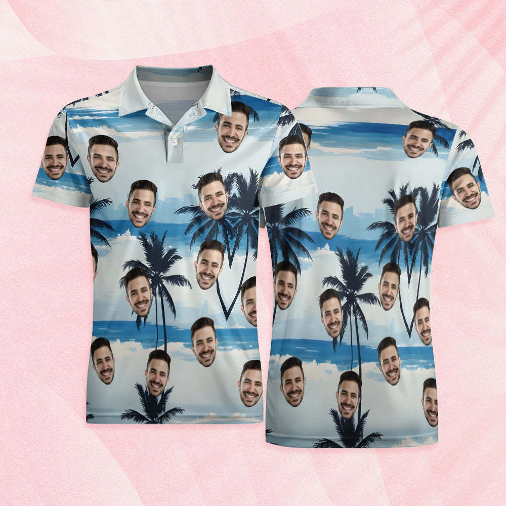 Custom Men's Face Polo Shirt Blue Sea And Coconut Tree Face Polo Shirt - MyFaceUnderwearAU