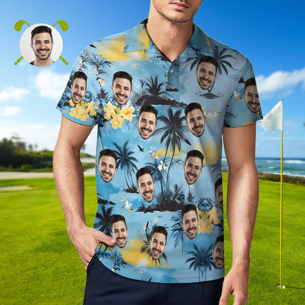 Custom Men's Hawaiian Polo Shirts Short Sleeve Tropical Yellow Flowers and Coconut Tree Golf Shirt