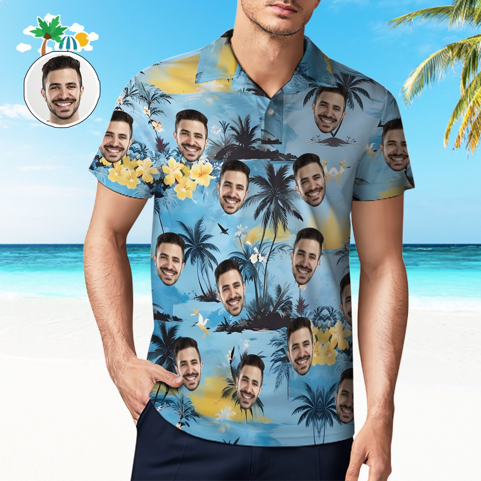 Custom Men's Hawaiian Polo Shirts Short Sleeve Tropical Yellow Flowers and Coconut Tree Golf Shirt