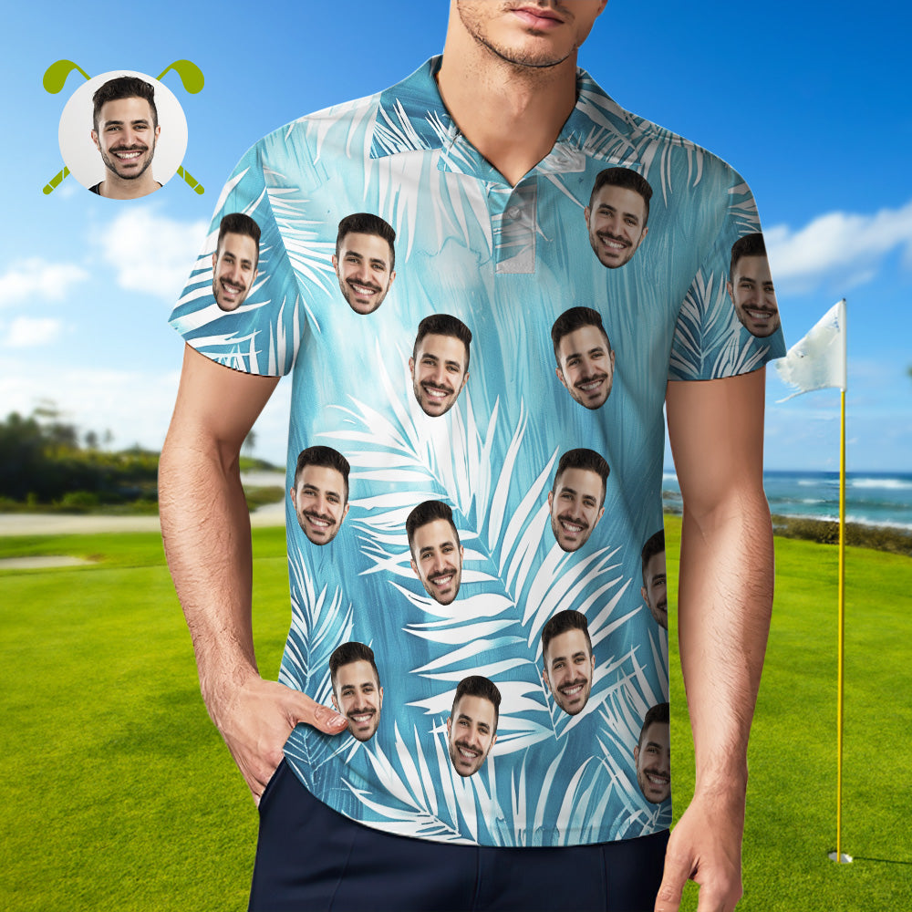 Custom Face Polo Shirt Light Blue Leaves Face Polo Shirt For Men
