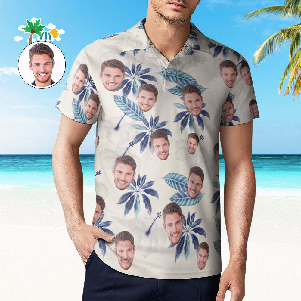 Custom Face Polo Shirt For Men Flowers and Leaves Personalised Hawaiian Golf Shirts - MyFaceUnderwearAU