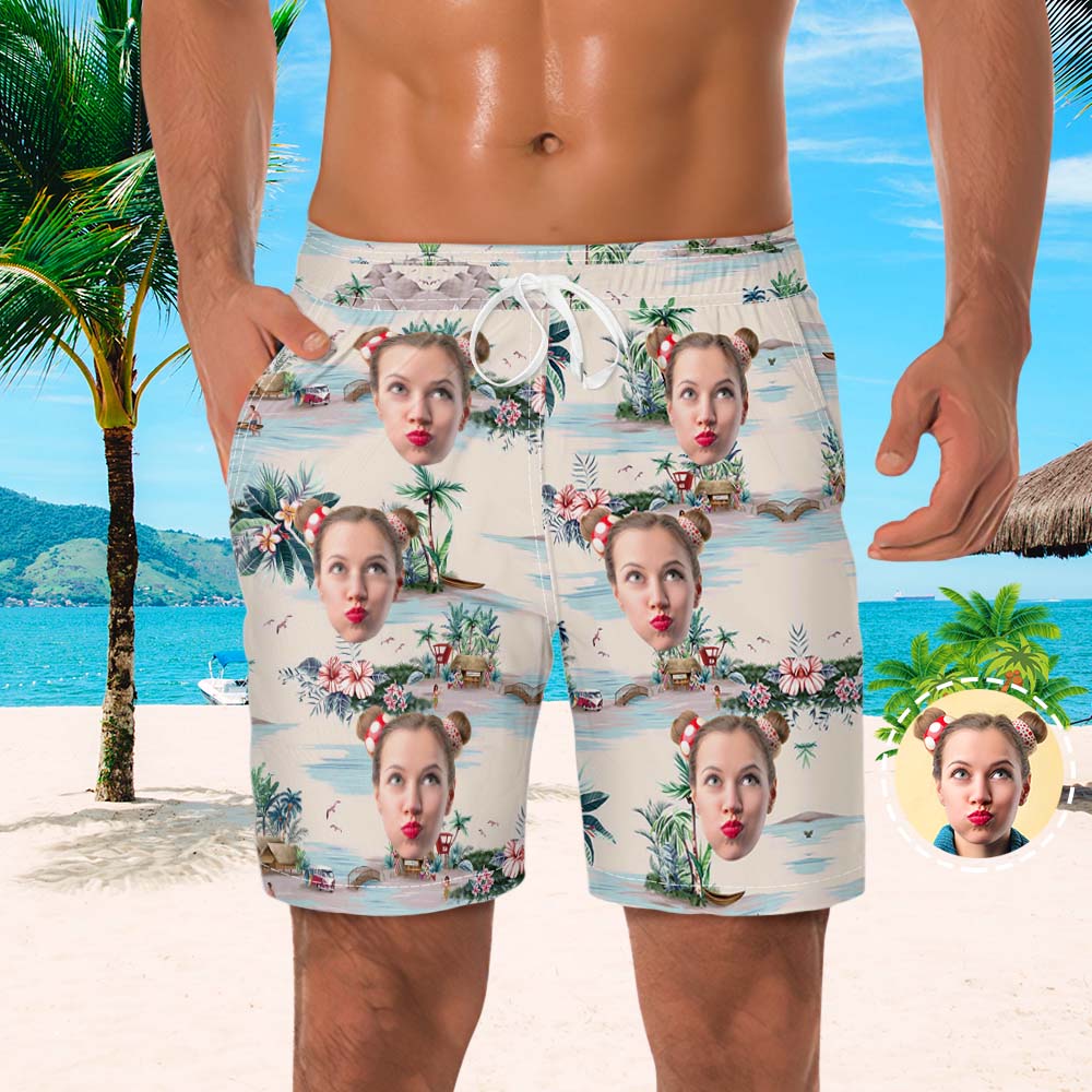 Men's Custom Face Beach Trunks Photo Shorts Holiday Island