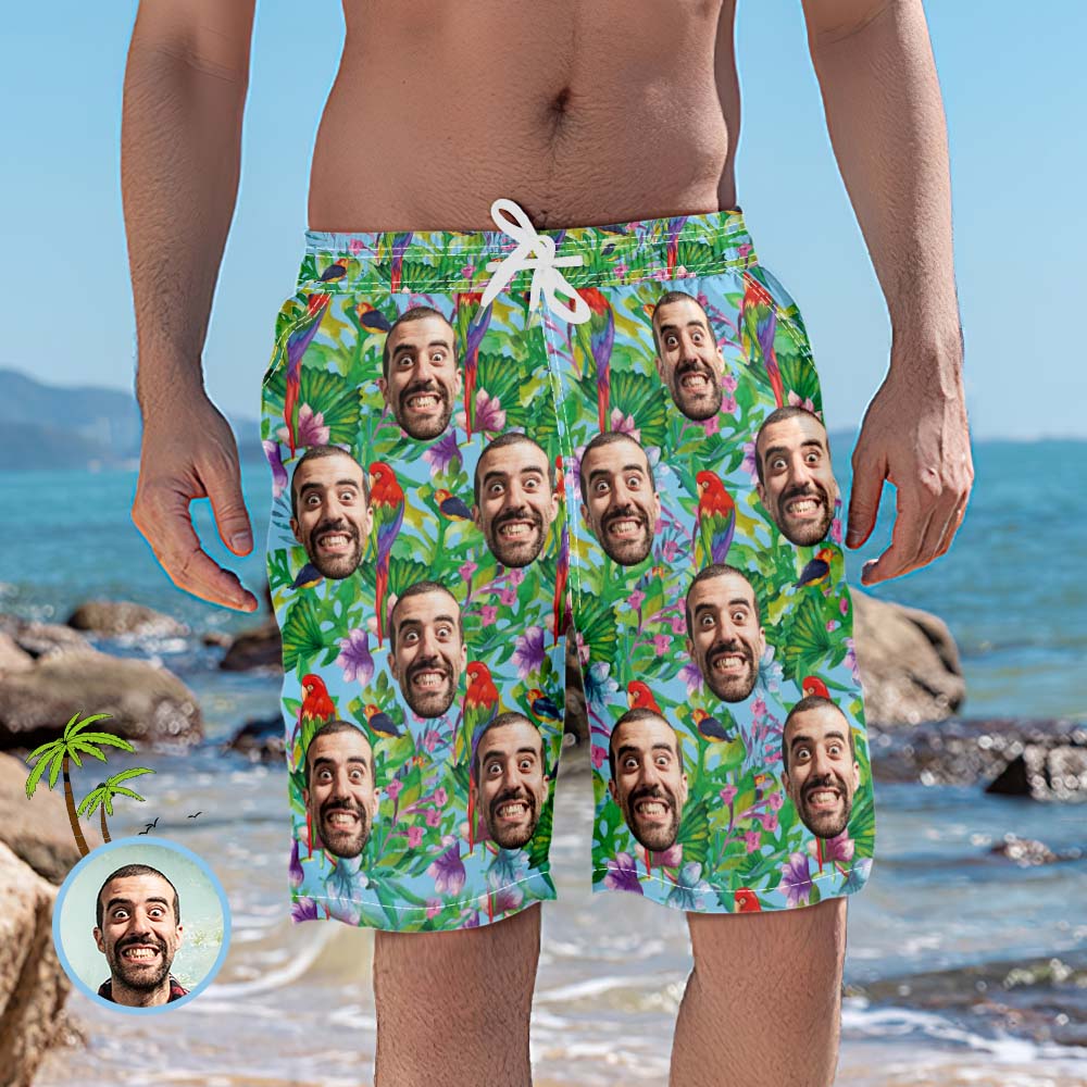 Men's Custom Face Beach Trunks Photo Shorts - Birds and Flowers
