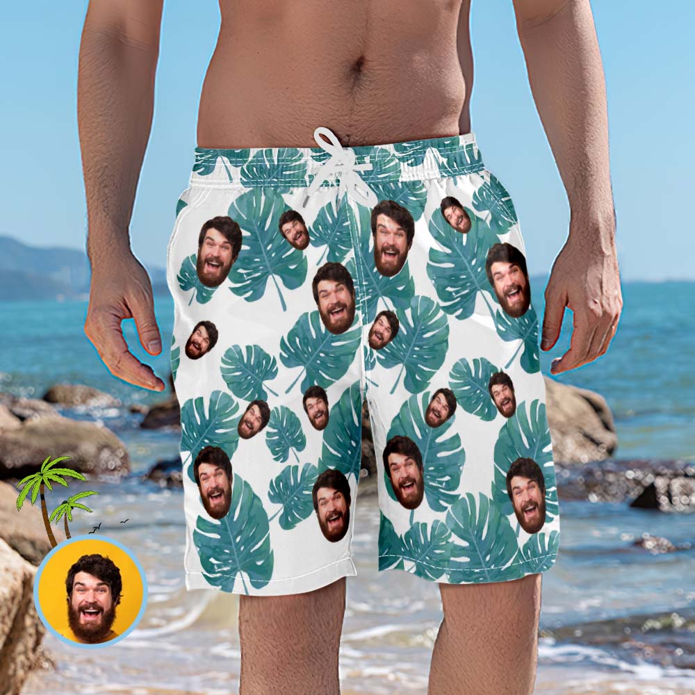 Men's Custom Face Beach Trunks Photo Shorts - Leaves
