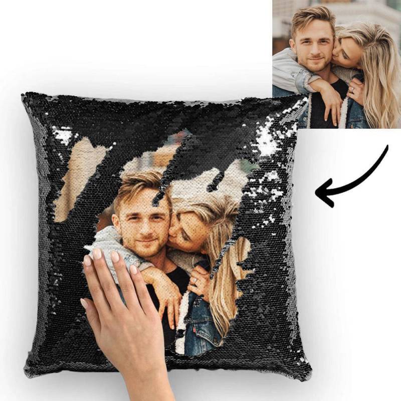 Custom Photo Magic Sequin Pillow Black