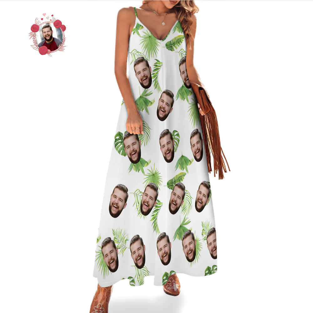 Custom Face Hawaiian Style Fresh Palm Leaves Long Dress And Shirt Couple Outfit
