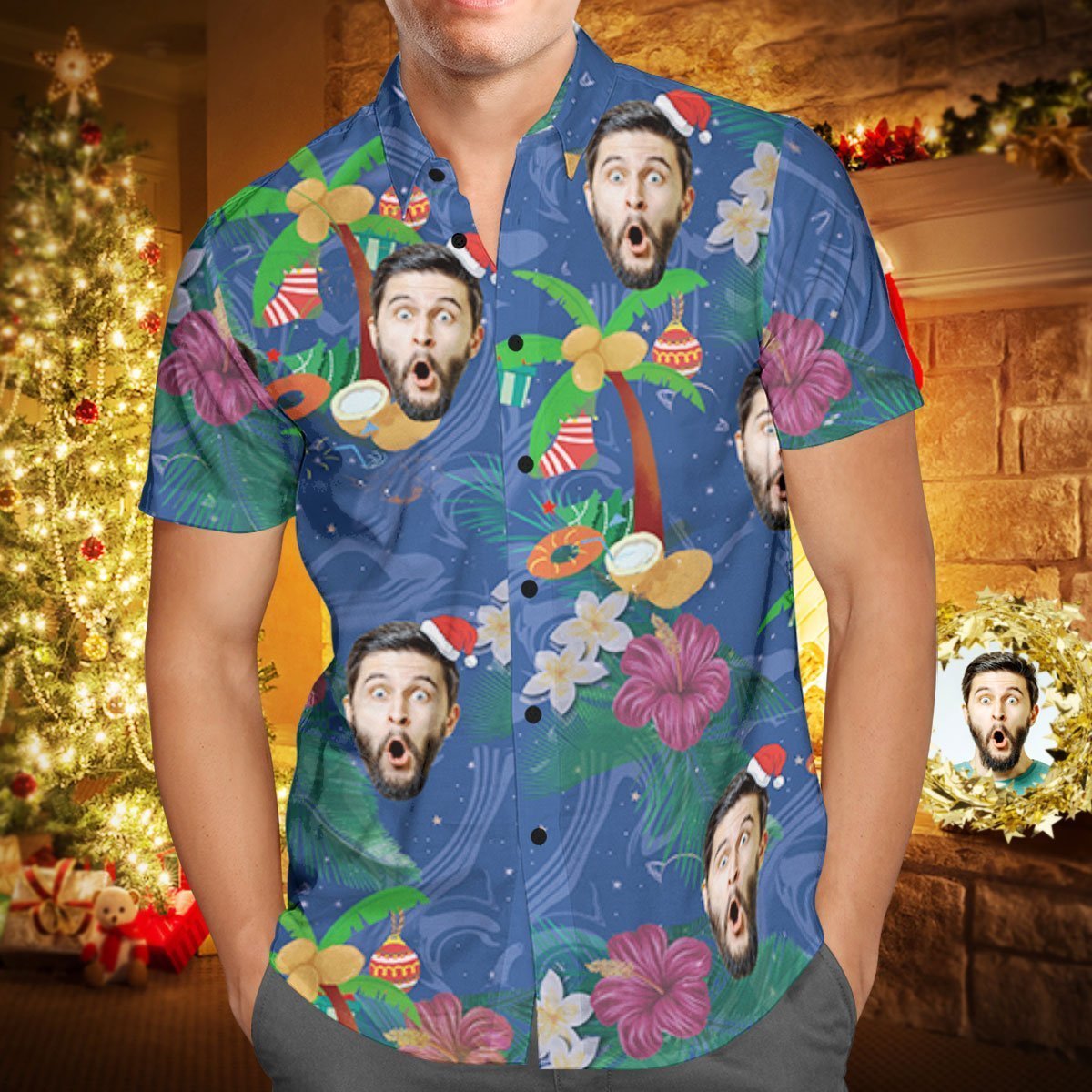 Custom Face Personalised Christmas Hawaiian Shirt Coconut Tree