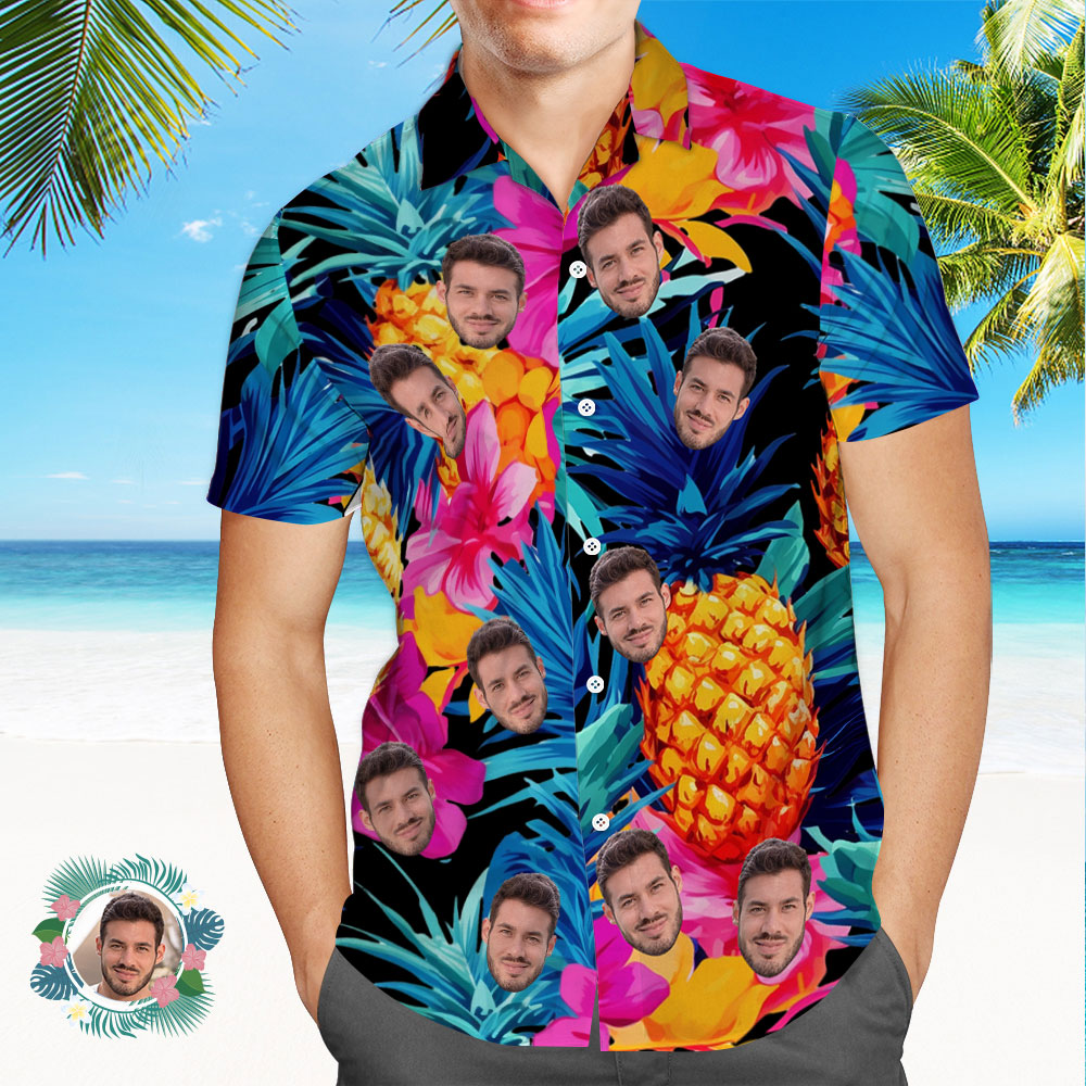 Custom Face Hawaiian Shirt All Over Print Funky Personalised Shirt - Print Leaves Flowers Pineapple