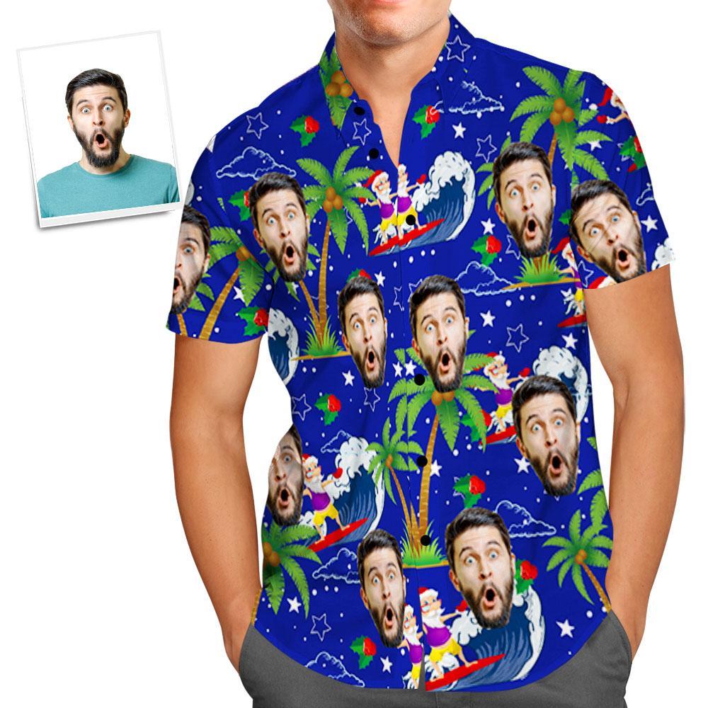 Custom Face Shirt Personalised Photo Men's Hawaiian Shirt Christmas Gift - Surfing Santa