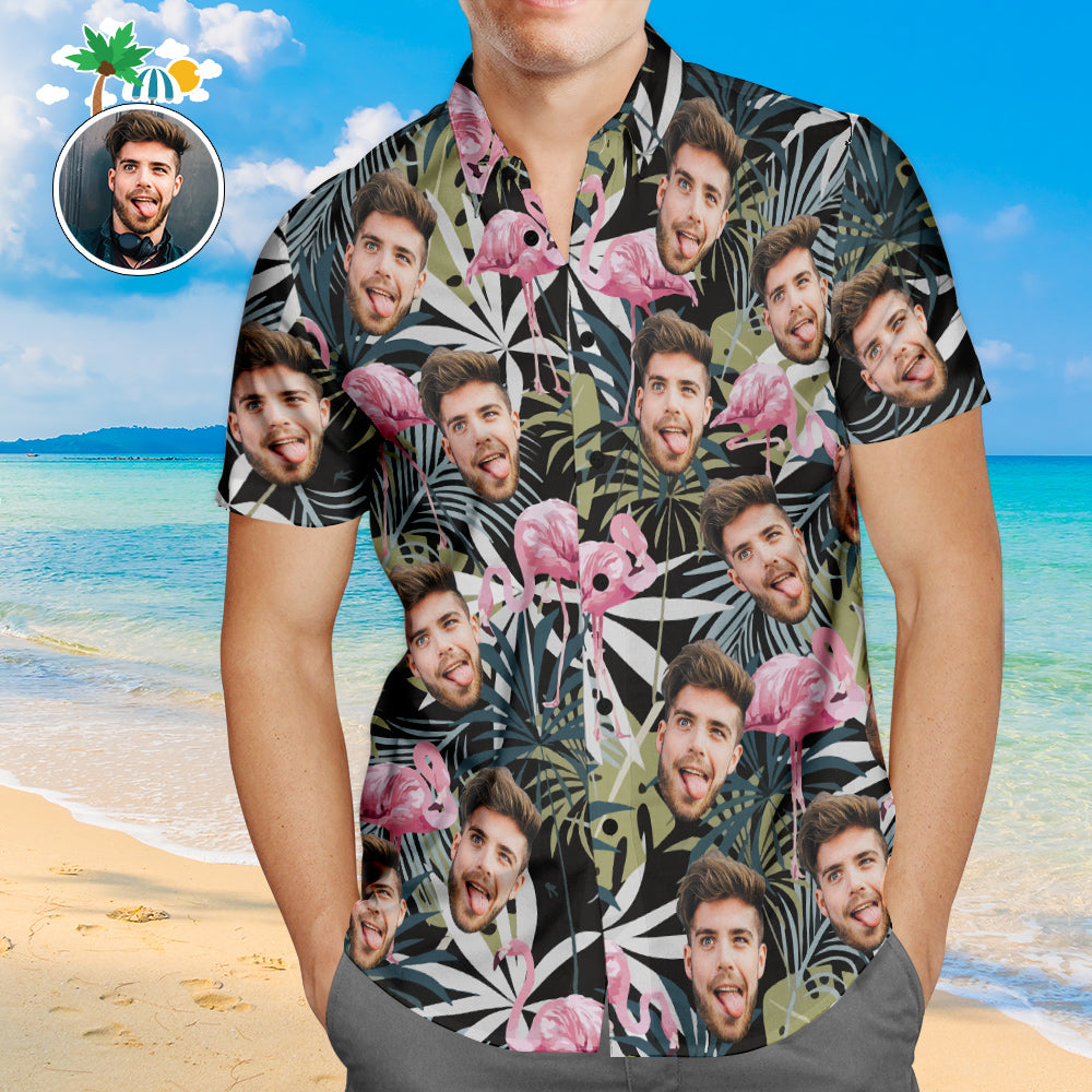 Custom Face Hawaiian Shirt Leaves and Flamingo Personalised Aloha Beach Shirt For Men - MyFaceUnderwearAU