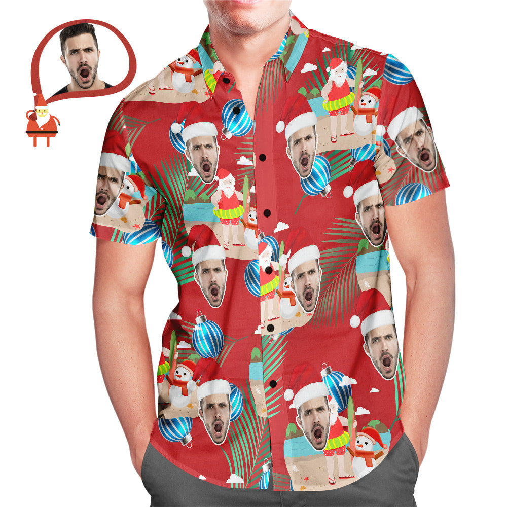 Custom Face Merry Christmas Santa Claus Men's All Over Print Hawaiian Shirt Christmas Gift - MyFaceUnderwearAU