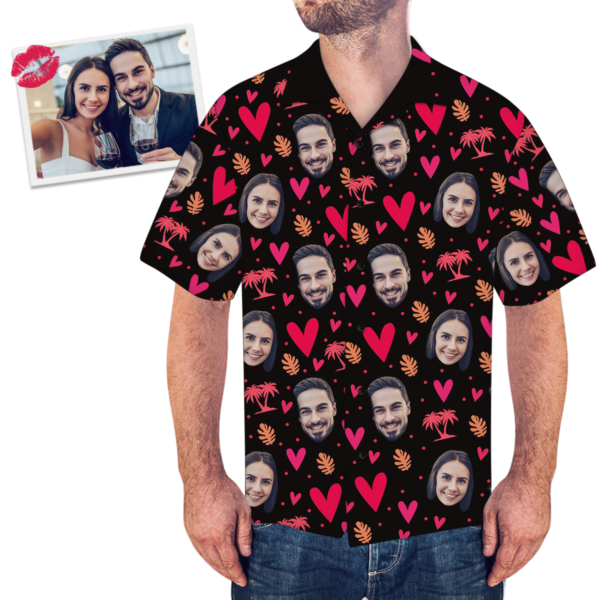 Custom Face Tree And Leaves Love Heart Men's All Over Print Couple Hawaiian Shirt