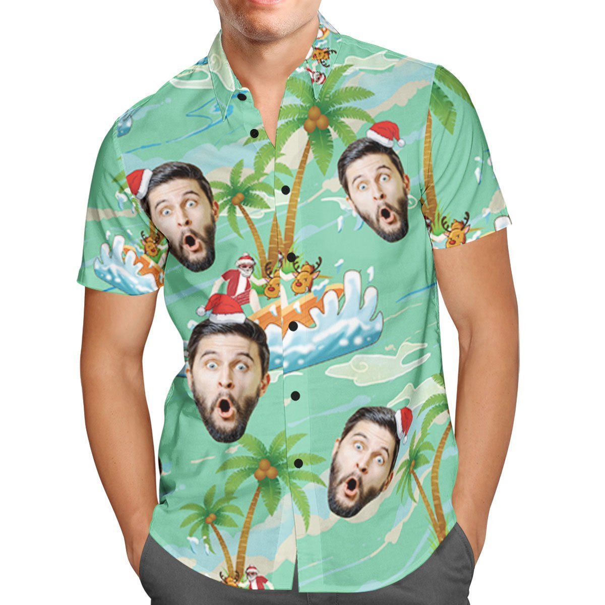Custom Face Personalised Christmas Hawaiian Shirt Santa Claus Seaside Surf Holiday Gift