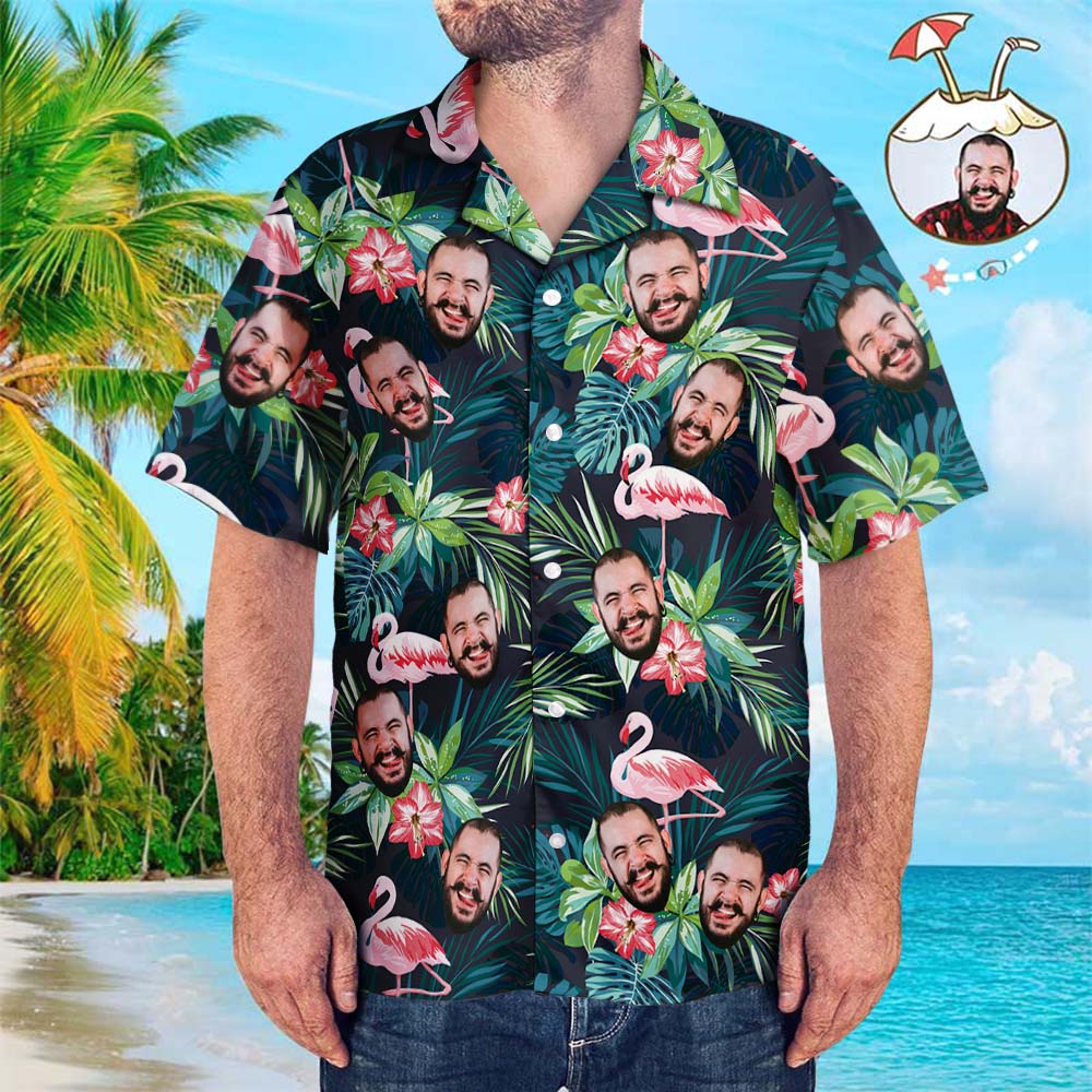 Men's Custom Face Shirt Hawaiian Shirt Short Sleeve Tropical Leaves Flamingo