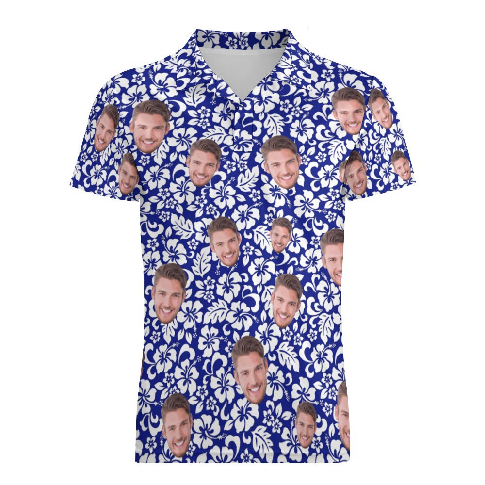 Custom Face Polo Shirt For Men Personalised Blue Hawaiian Golf Shirts - MyFaceUnderwearAU