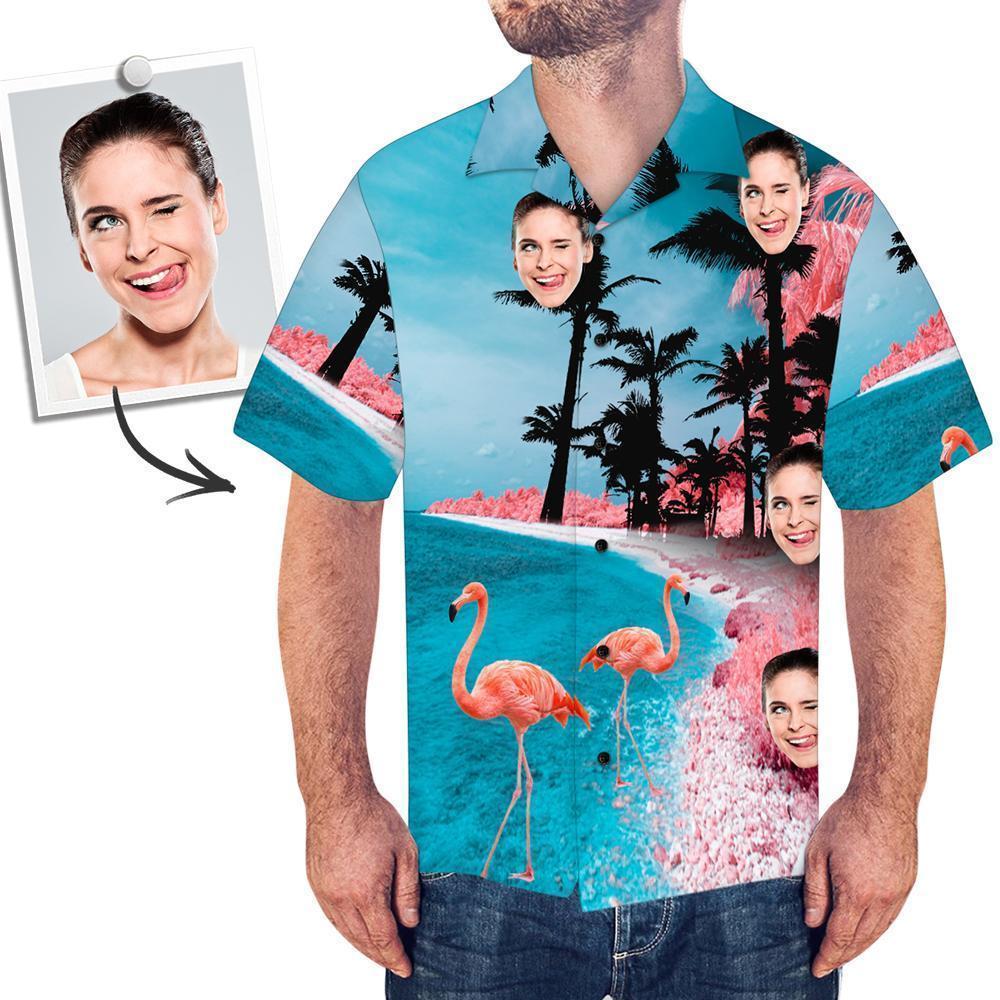Men's Custom Face Shirt Hawaiian Shirt Short Sleeve Seaside Flamingo