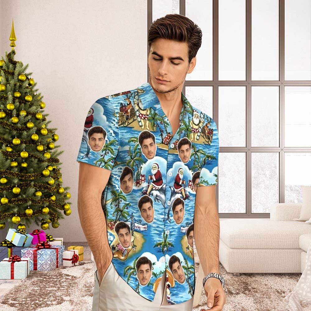 Custom Face Hawaiian Shirt Men's All Over Print Aloha Shirt christmas Gift - Santa's Vacation - MyFaceUnderwearAU