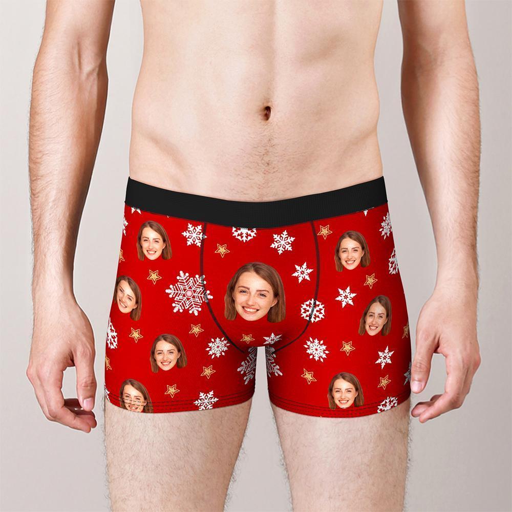 Custom Face Boxers Shorts Christmas Snowflakes Personalised Photo Underwear Christmas Gift for Men
