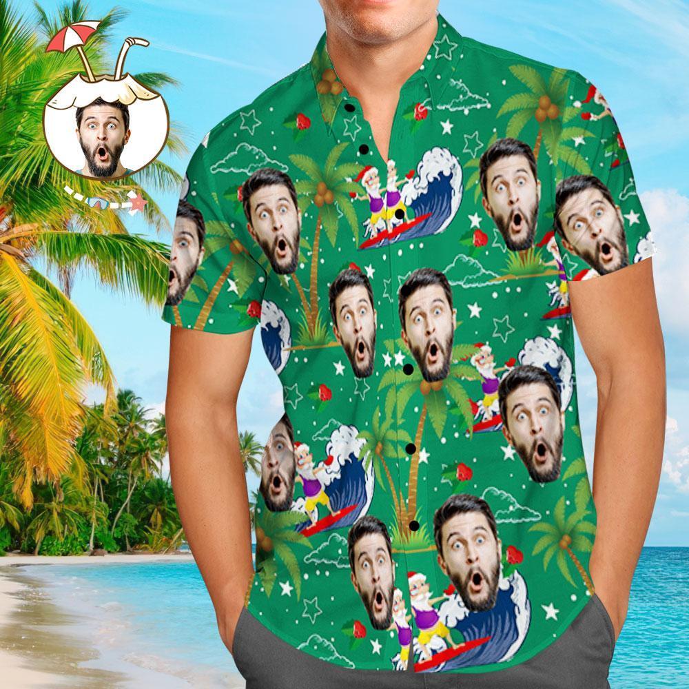 Custom Face Shirt Personalised Photo Men's Hawaiian Shirt Christmas Gift - Surfing Santa
