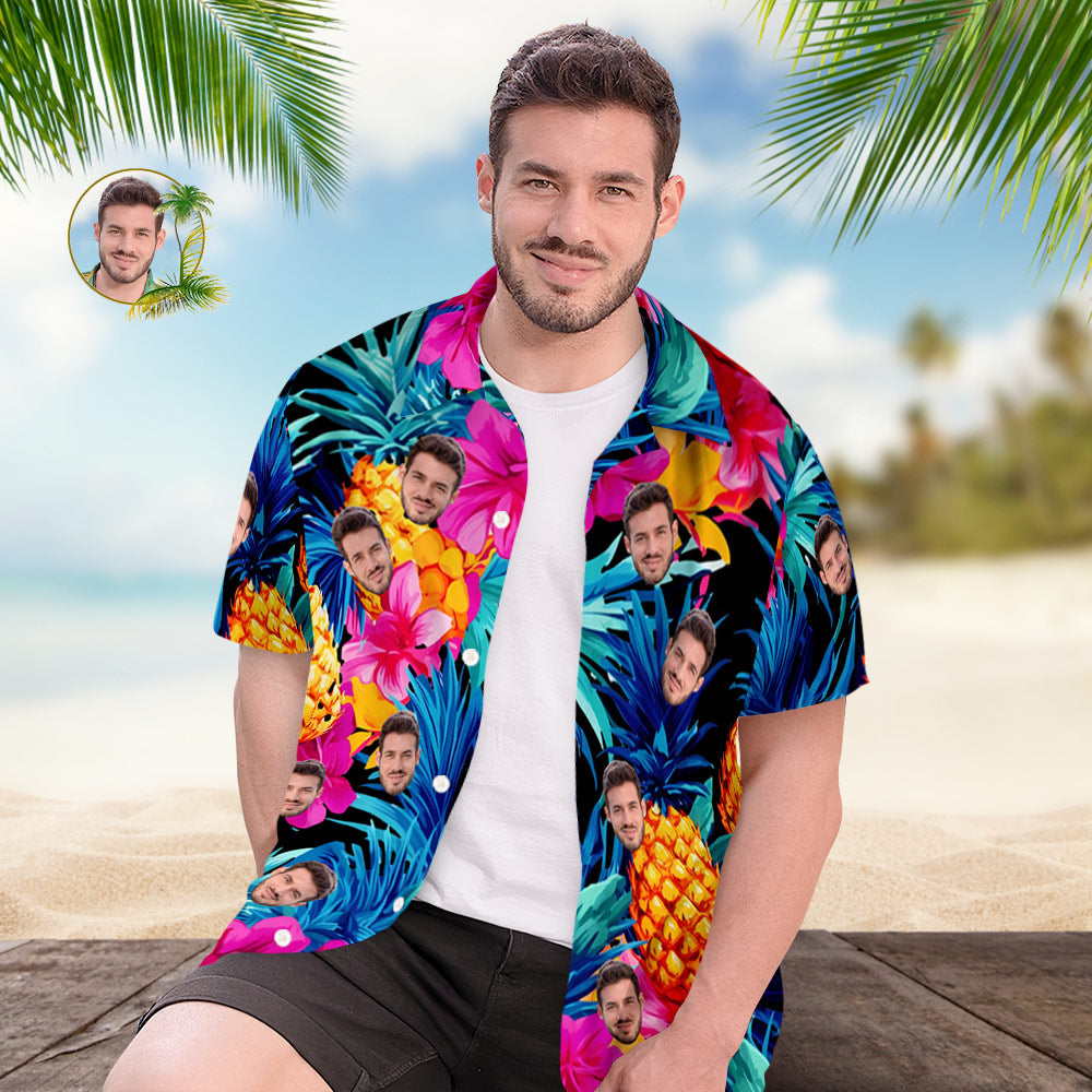 Custom Face Hawaiian Shirt All Over Print Funky Personalised Shirt - Print Leaves Flowers Pineapple