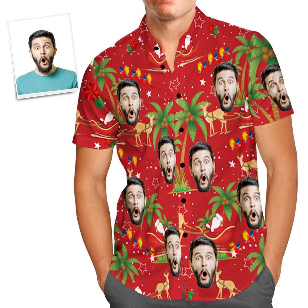 Custom Face Shirt Personalised Photo Men's Hawaiian Shirt Christmas Gift - Santa and Elk