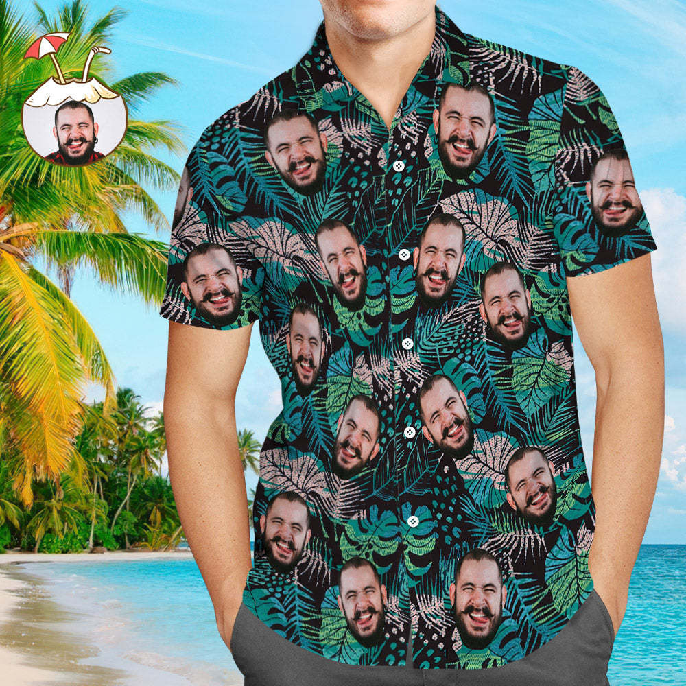 Custom Face Hawaiian Shirt Men's All Over Print Large Leaves Short Sle